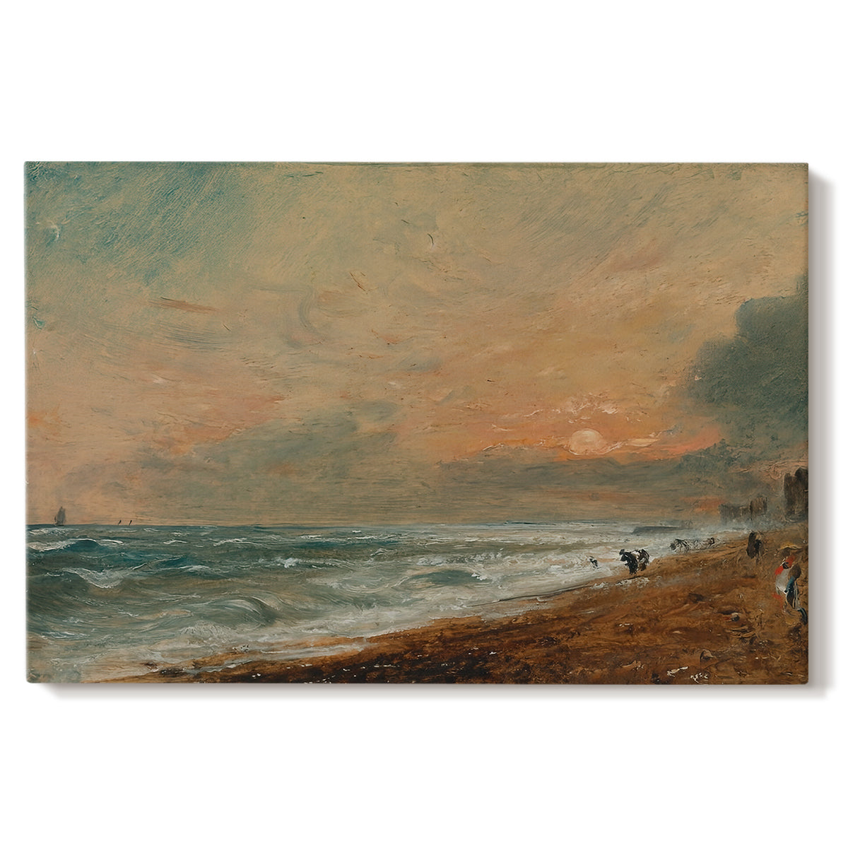 Canvas art print portraying a coastal shoreline with waves and open sky along beach, set against a white background