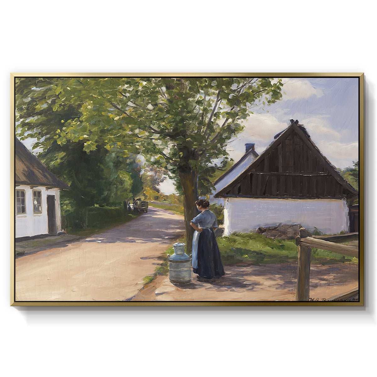 Danish Village Street with Woman and Milkman, 1880 - Floater Framed Canvas Print