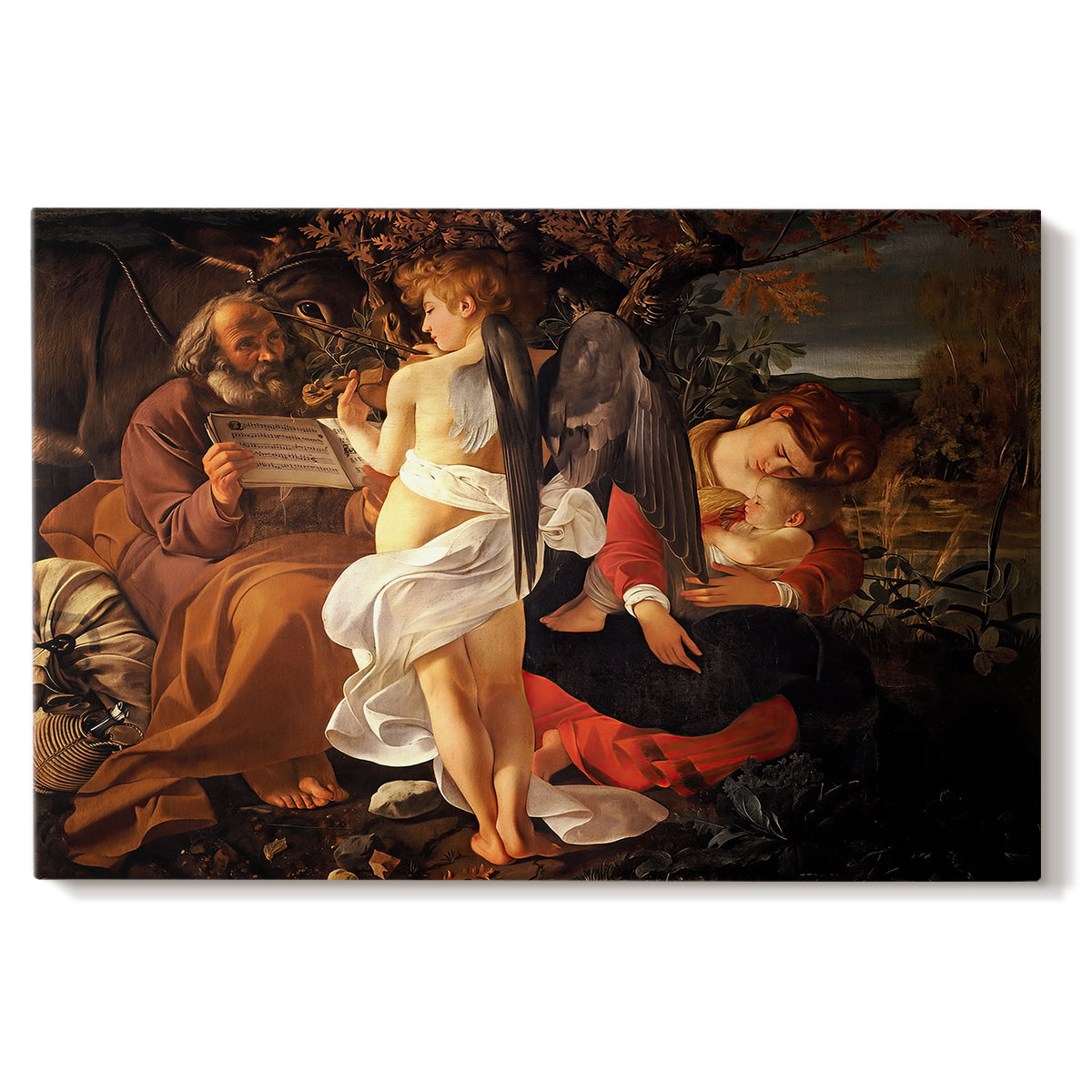 Canvas art print portraying the Holy Family resting in landscape with angel playing violin, set against a white background