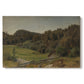 Canvas art print portraying a rolling landscape with fields, trees, and distant water under open sky, set against a white background