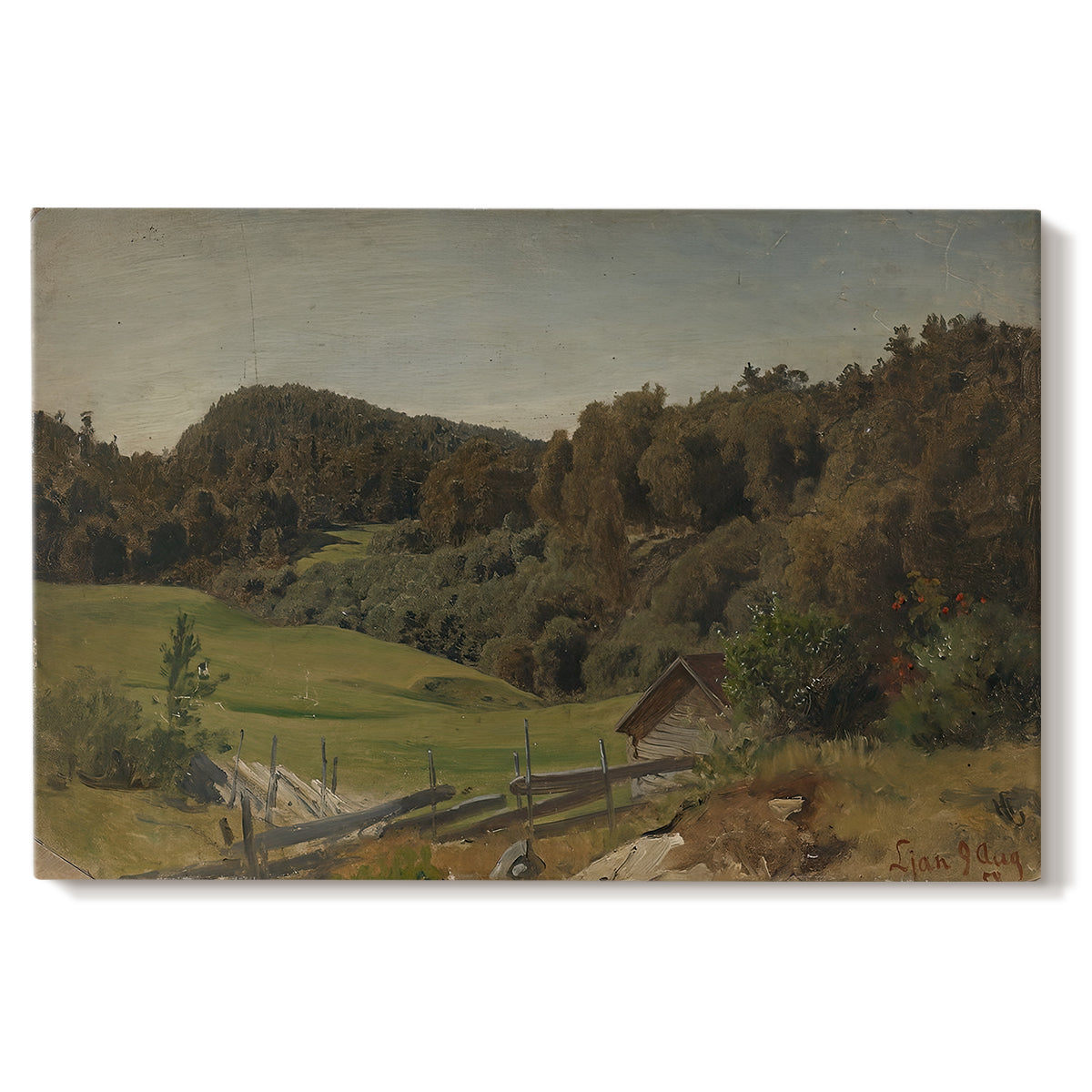 Canvas art print portraying a rolling landscape with fields, trees, and distant water under open sky, set against a white background