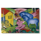 Canvas art print portraying an abstract composition of animals and figures intertwined in vivid dreamlike colors, set against a white background