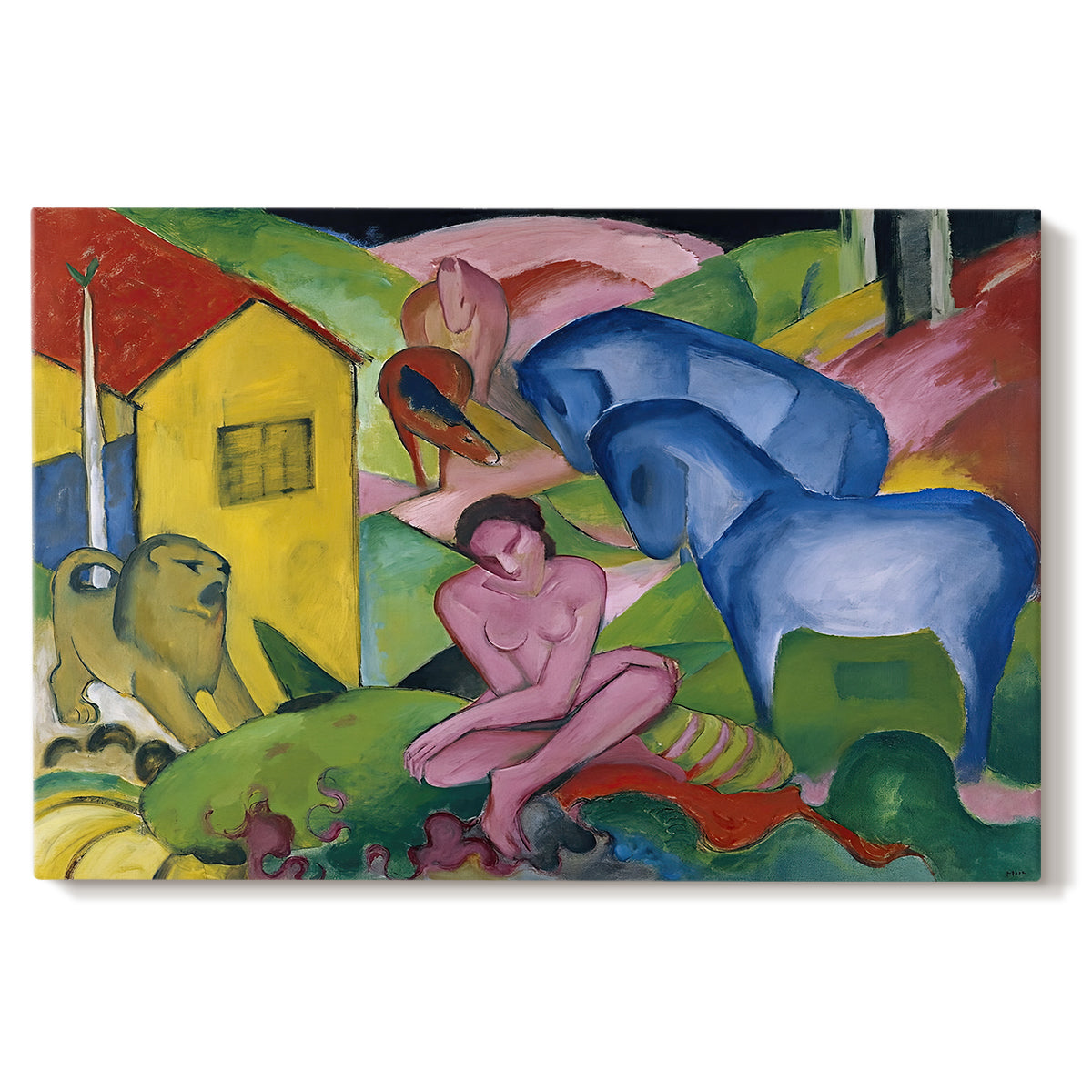 Canvas art print portraying an abstract composition of animals and figures intertwined in vivid dreamlike colors, set against a white background