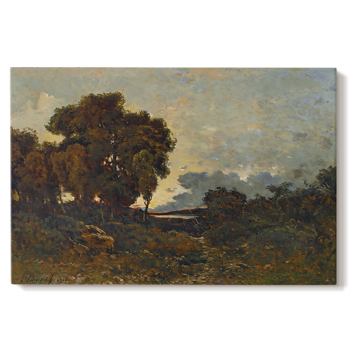 Canvas art print portraying a warm sunset over river landscape with glowing sky and reflections, set against a white background