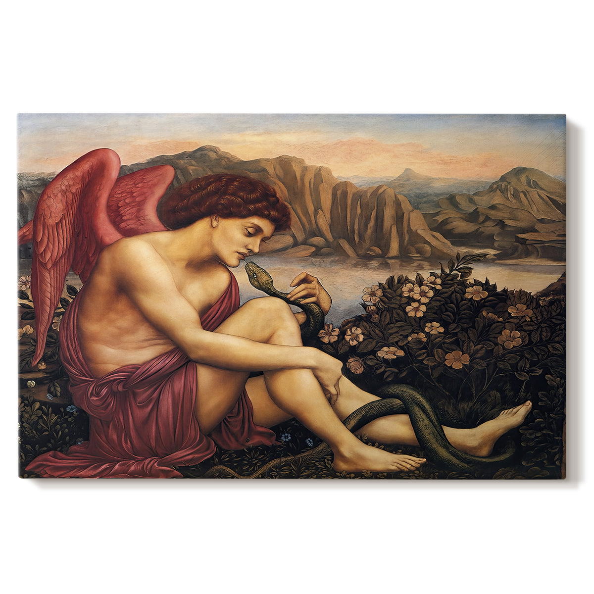 Canvas art print portraying an angelic figure confronting serpent in symbolic battle of good and evil, set against a white background