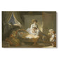Canvas art print portraying a domestic interior with figures gathered around child in cradle, set against a white background
