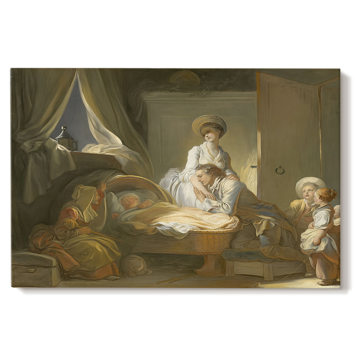 Canvas art print portraying a domestic interior with figures gathered around child in cradle, set against a white background