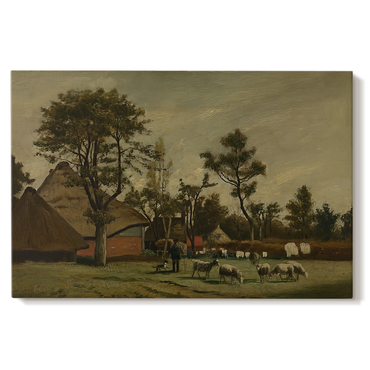 Canvas art print portraying a farmhouse with animals and open rural surroundings under soft sky, set against a white background