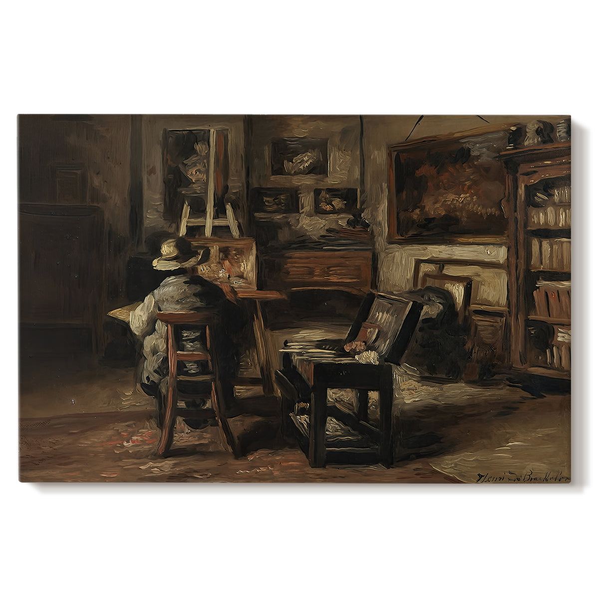 Canvas art print portraying an artist’s studio interior filled with furniture, tools, and paintings under soft light, set against a white background