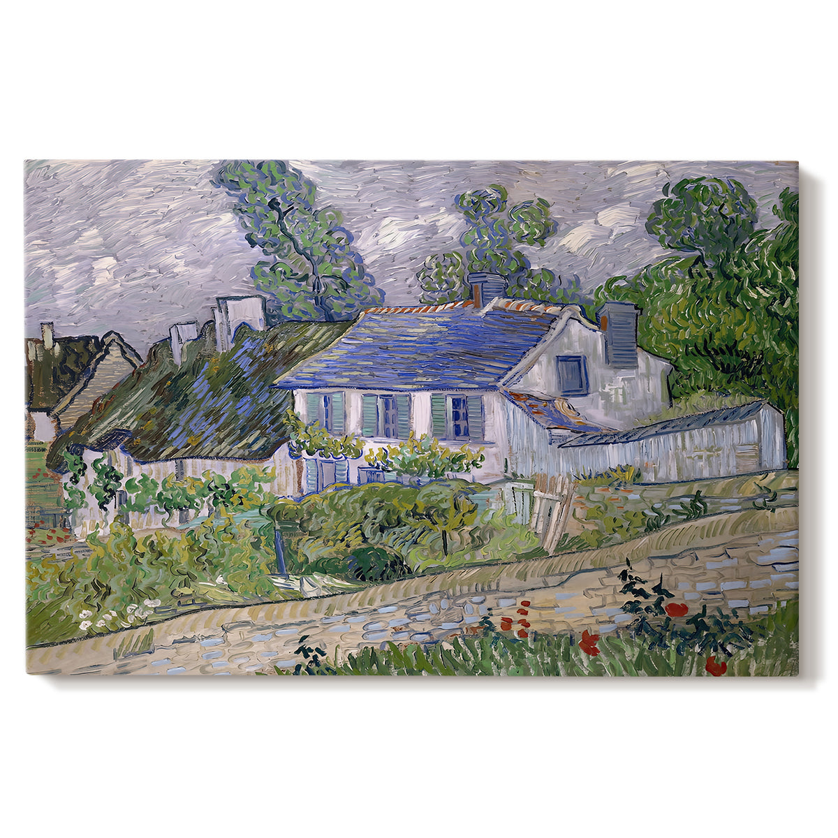 Canvas art print portraying village houses clustered along road with surrounding greenery under open sky, set against a white background
