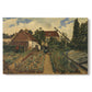 Canvas art print portraying a flower garden with plants and building in structured outdoor setting, set against a white background