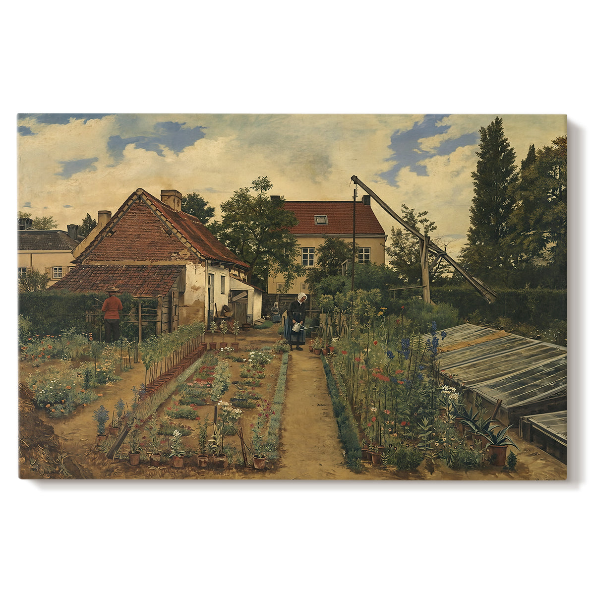 Canvas art print portraying a flower garden with plants and building in structured outdoor setting, set against a white background