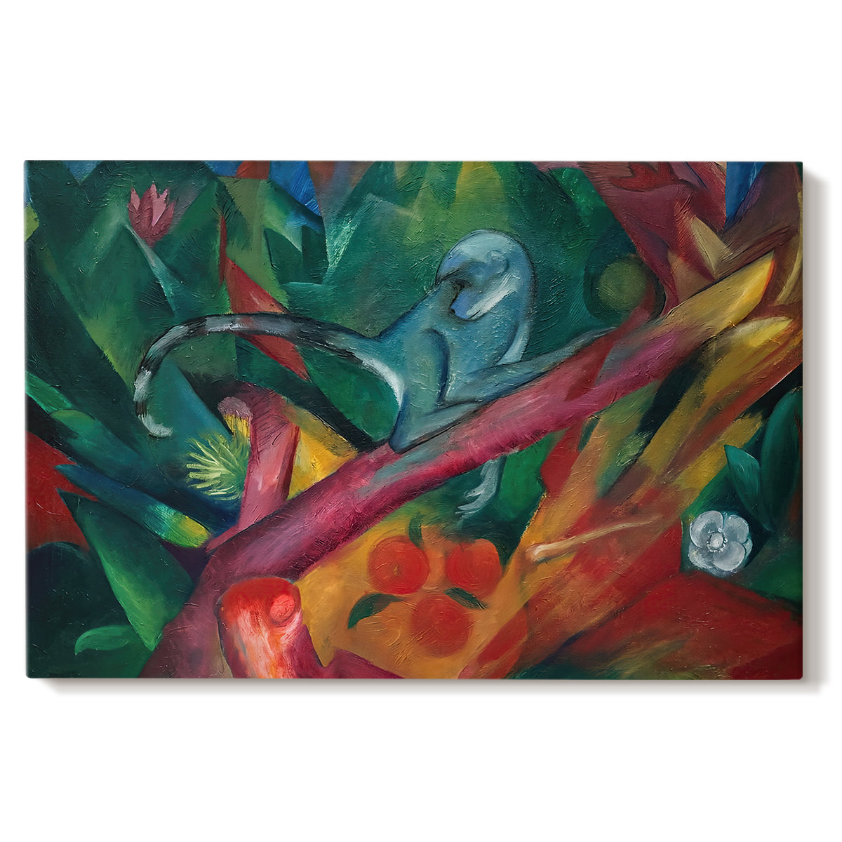 Canvas art print portraying a stylized monkey rendered in bold colors and abstract shapes, set against a white background