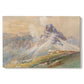 Canvas art print portraying dramatic Dolomite mountain peaks rising above rugged terrain, set against a white background