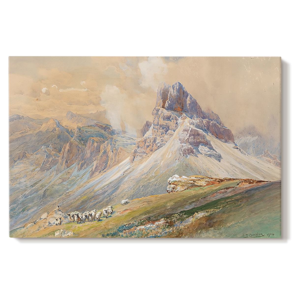 Canvas art print portraying dramatic Dolomite mountain peaks rising above rugged terrain, set against a white background