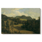 Canvas art print portraying a rolling countryside with trees and distant hills, set against a white background