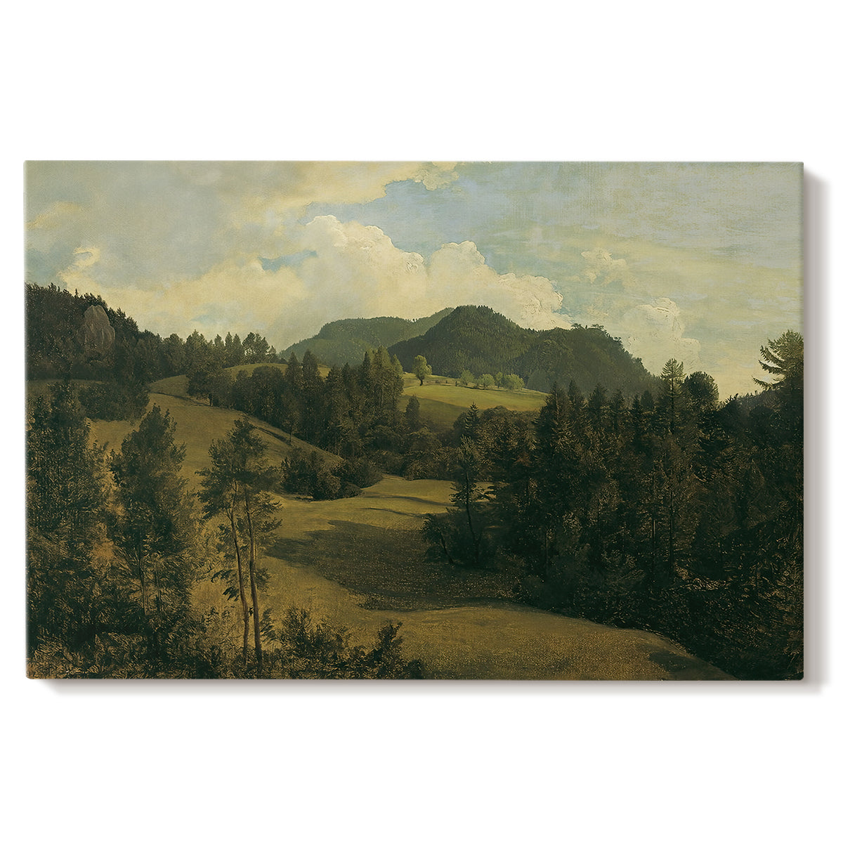 Canvas art print portraying a rolling countryside with trees and distant hills, set against a white background