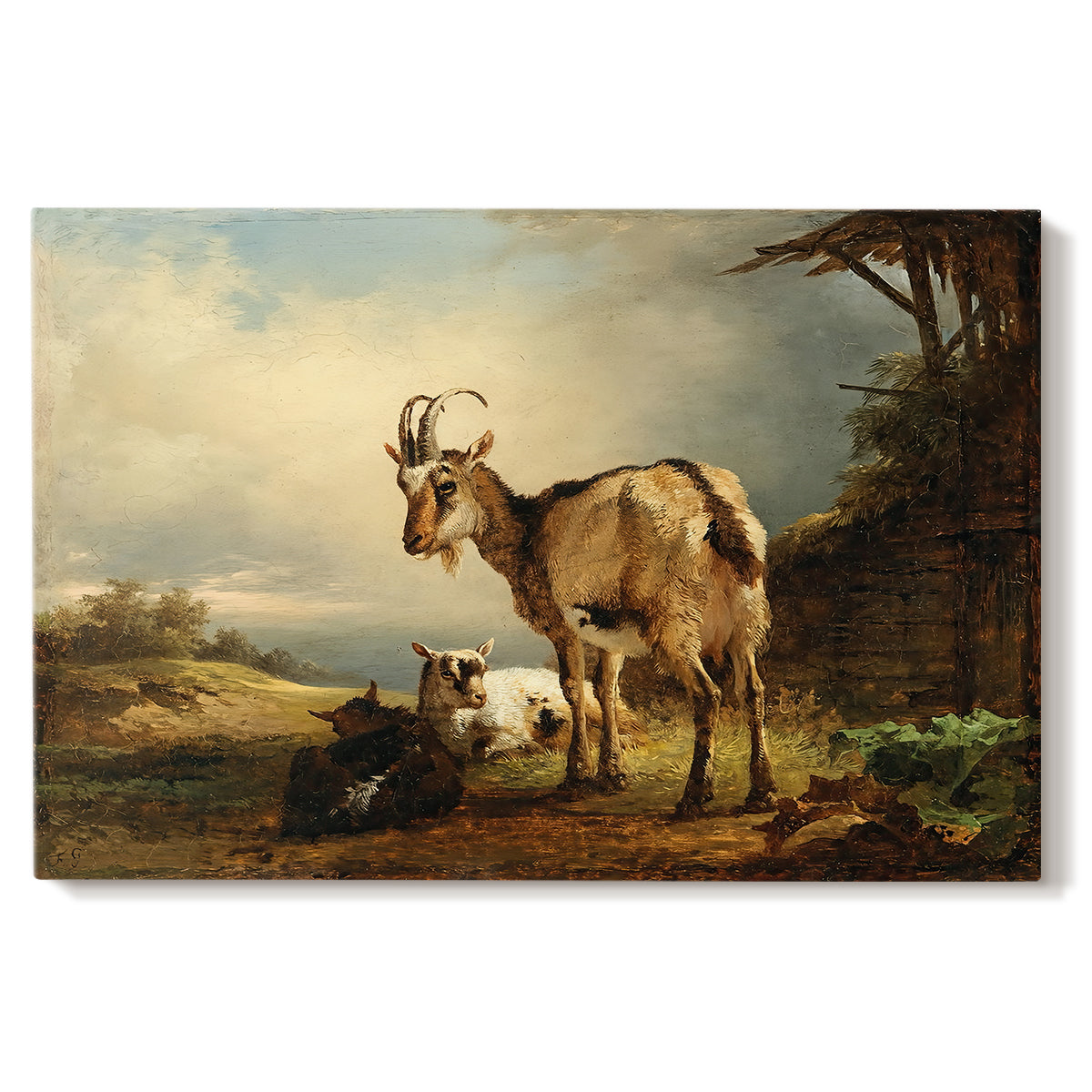 Canvas art print portraying a goat with young kids in countryside, set against a white background