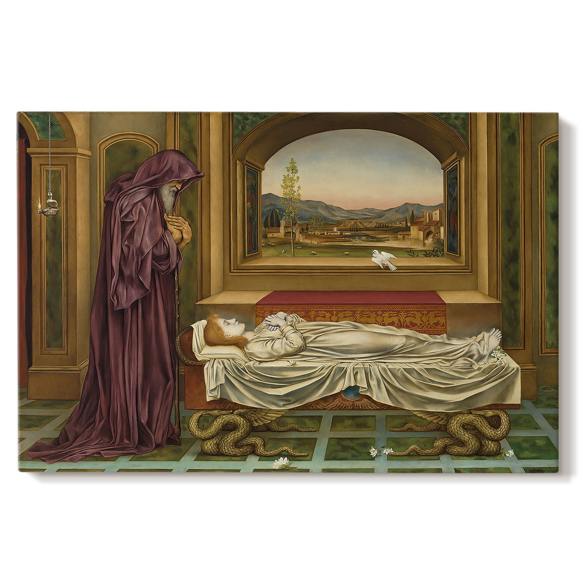 Canvas art print portraying a solitary figure standing in interior space with contemplative expression, set against a white background