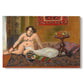 Canvas art print portraying a reclining nude figure beside bowl of goldfish in colorful interior, set against a white background