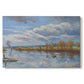 Canvas art print portraying a riverside landscape with water trees and distant structures, set against a white background