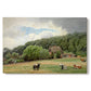 Canvas art print portraying cows grazing in pasture near farmhouse in rural countryside, set against a white background