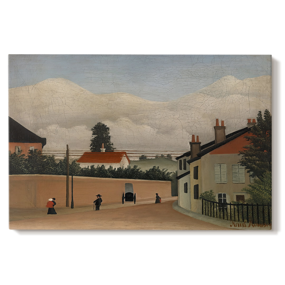 Canvas art print portraying a quiet suburban landscape with buildings, road, and open terrain, set against a white background