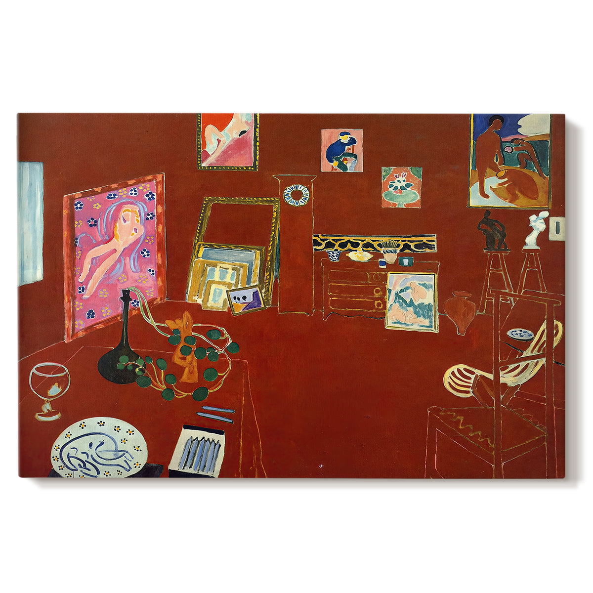 Canvas art print portraying a red studio interior with furniture and artworks, set against a white background