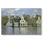 Canvas art print portraying a row of houses along river with reflections in calm water, set against a white background