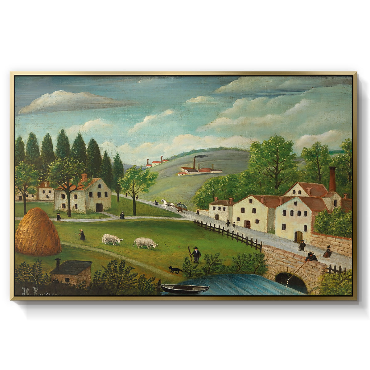 Pastoral Landscape with Stream, Fisherman and Strollers, 1875-1880 - Floater Framed Canvas Print
