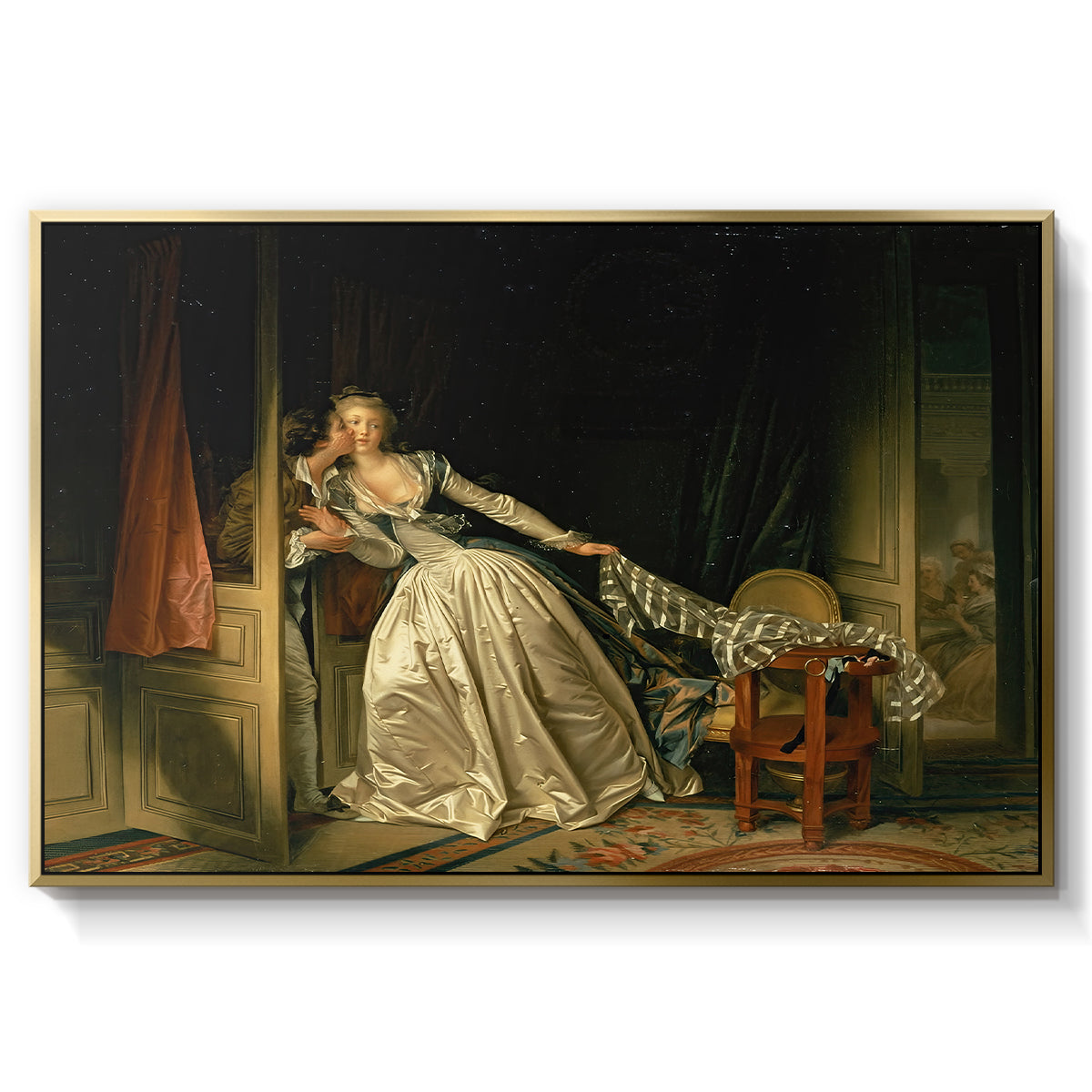 The Stolen Kiss (Le Baiser à la dérobée), c. 1788 - Floater Framed Canvas Print