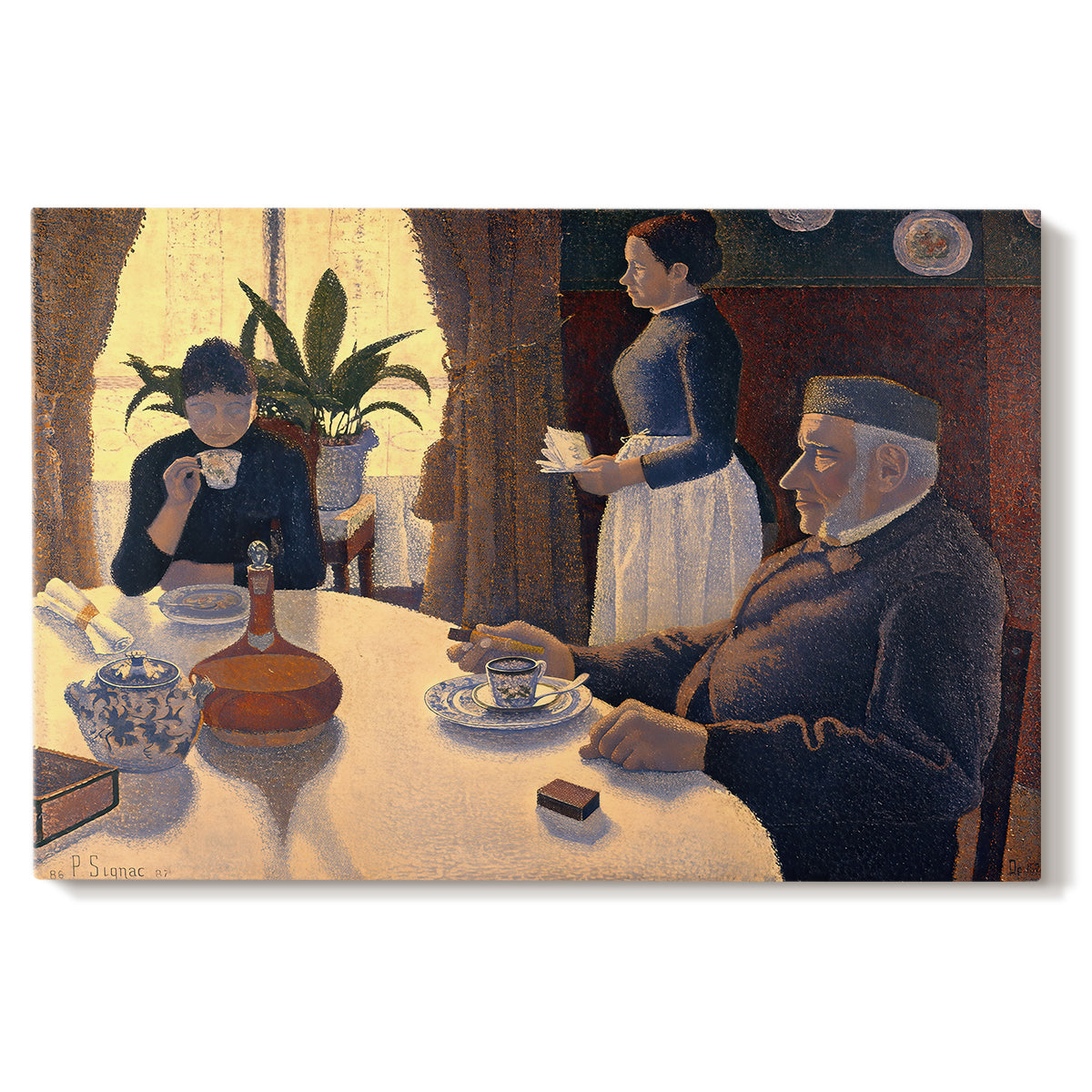 Canvas art print portraying figures seated around table in pointillist interior, set against a white background