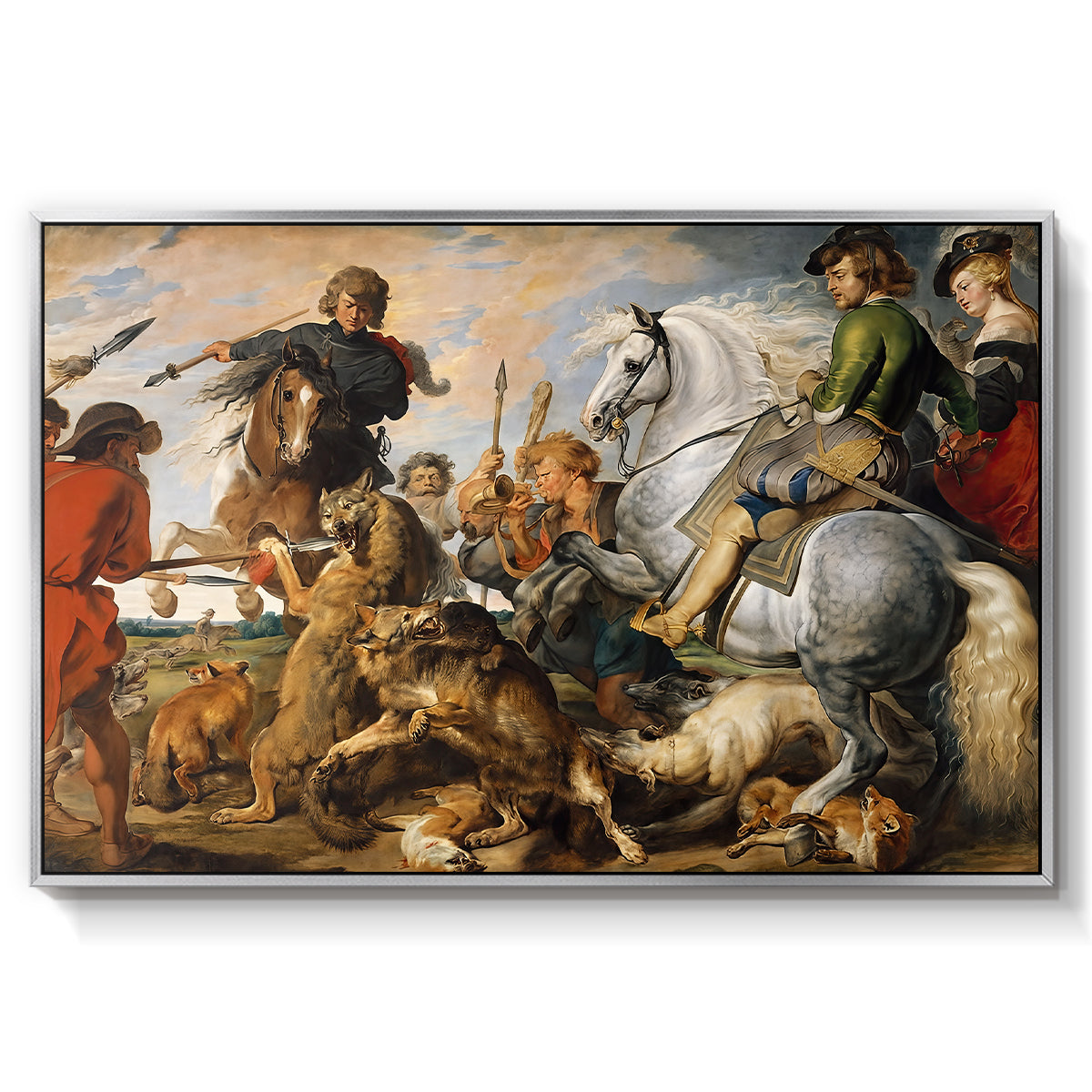 The Wolf and Fox Hunt, c. 1616 - Floater Framed Canvas Print