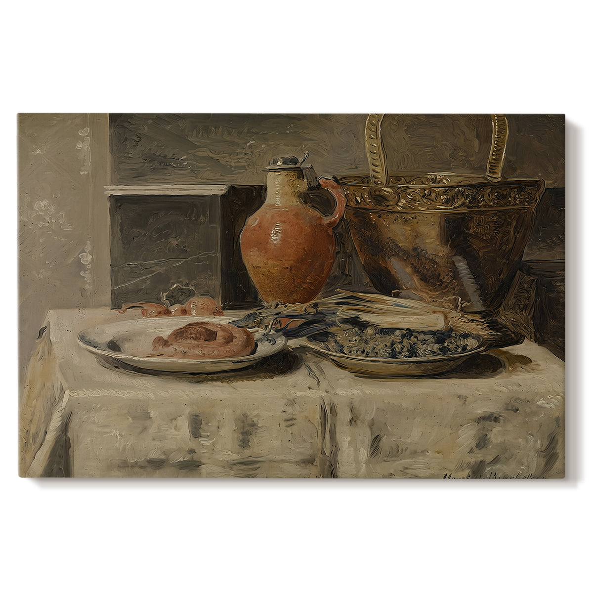 Canvas art print portraying a simple still life arrangement with jar and objects on table, set against a white background