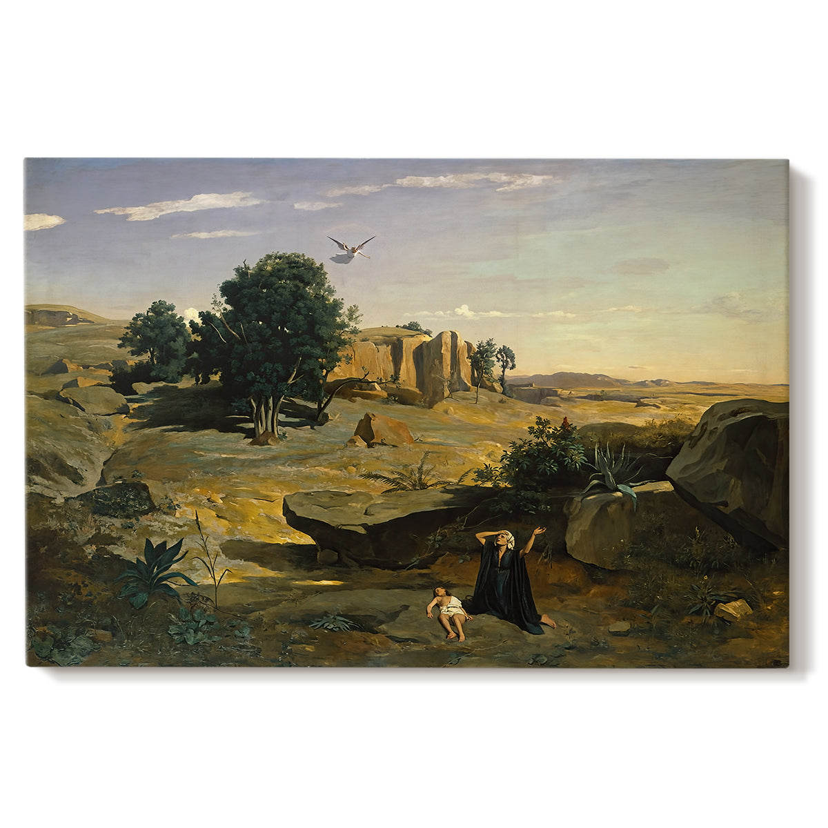 Canvas art print portraying a solitary figure in open landscape surrounded by sparse terrain, set against a white background