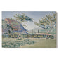 Canvas art print portraying a village with meadow and buildings in soft dotted color, set against a white background