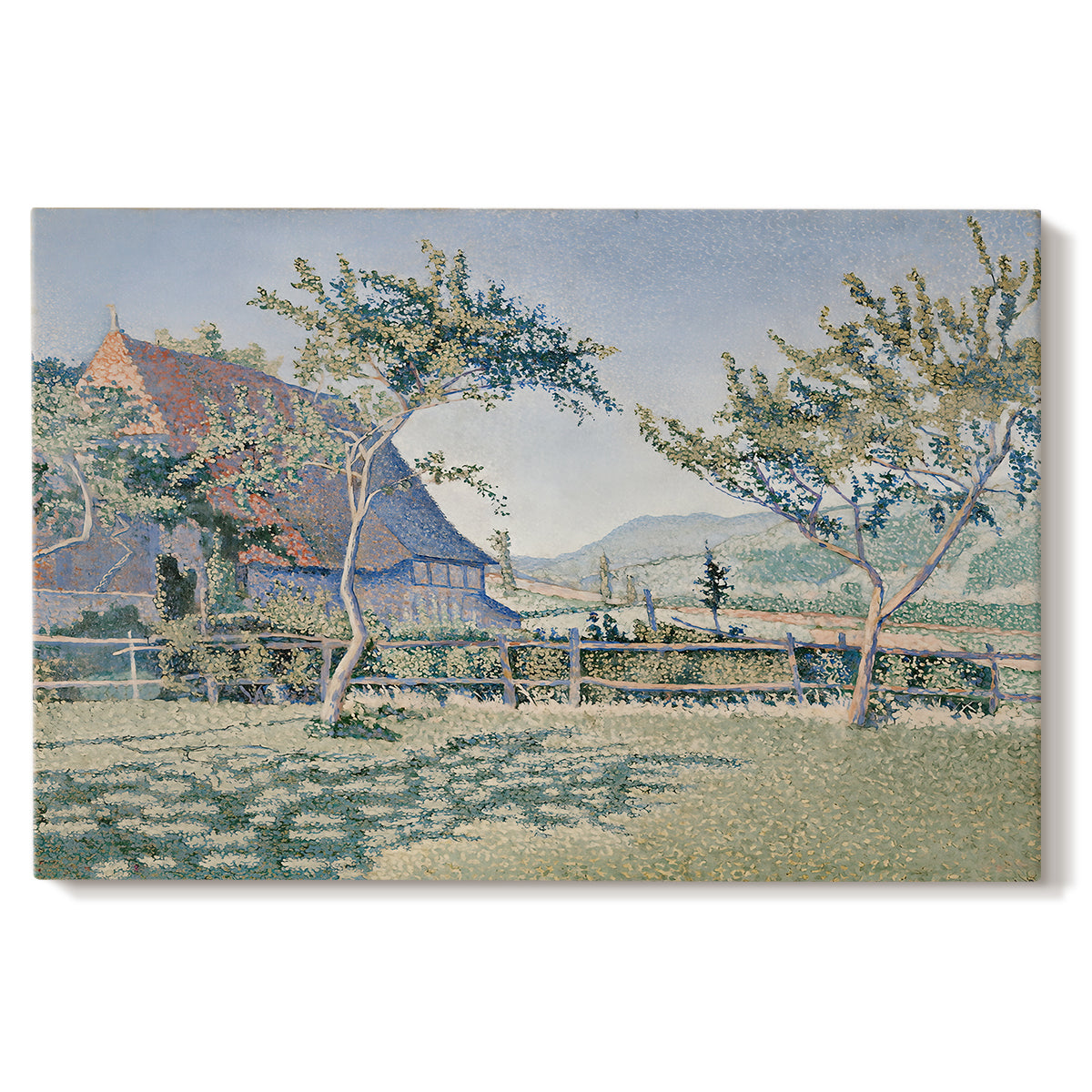 Canvas art print portraying a village with meadow and buildings in soft dotted color, set against a white background