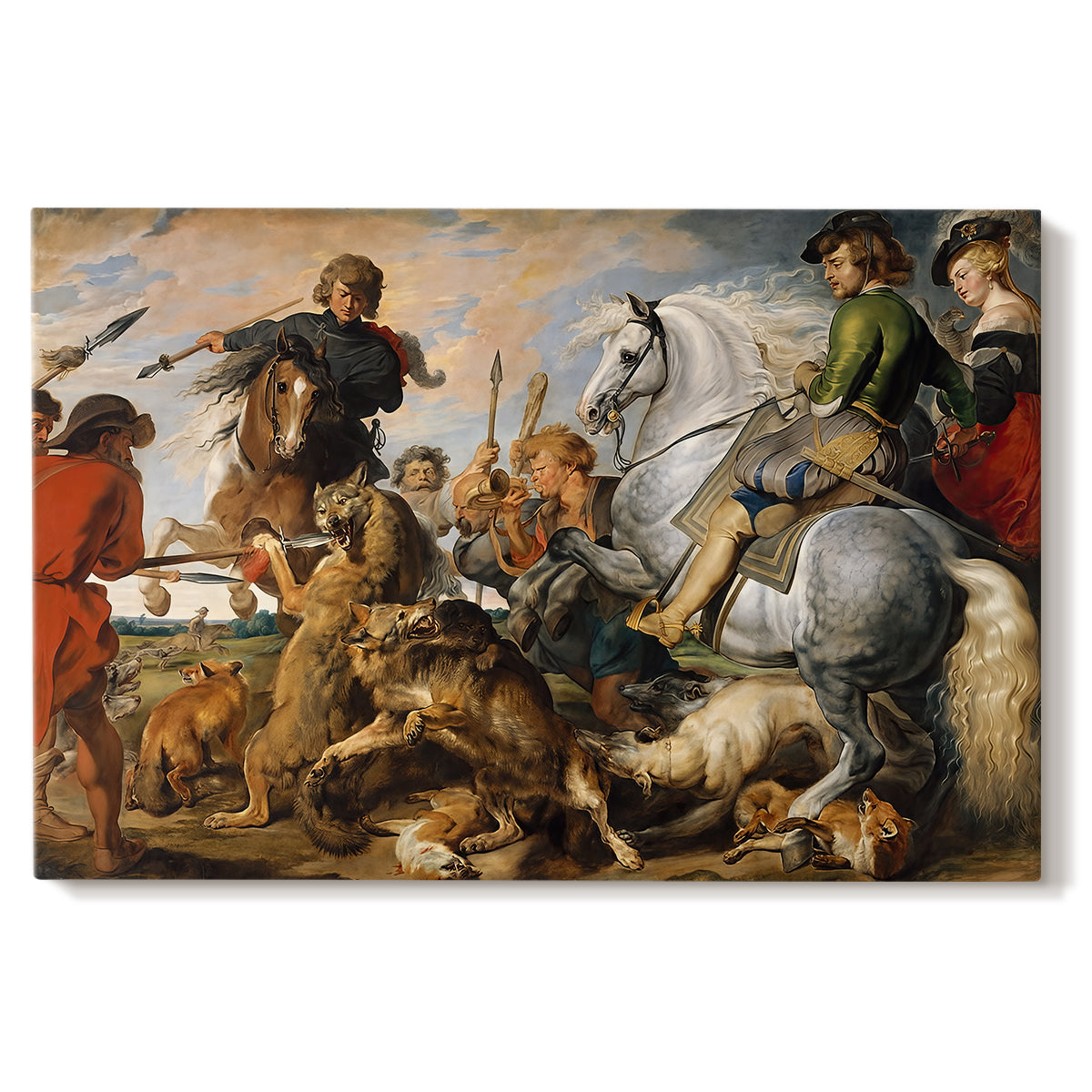 Canvas art print portraying a chaotic hunting scene with riders, dogs, and animals, set against a white background