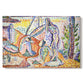 Canvas art print portraying figures relaxing in a bright coastal landscape with water and trees, set against a white background