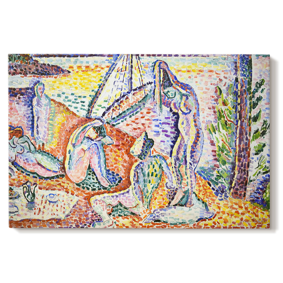 Canvas art print portraying figures relaxing in a bright coastal landscape with water and trees, set against a white background