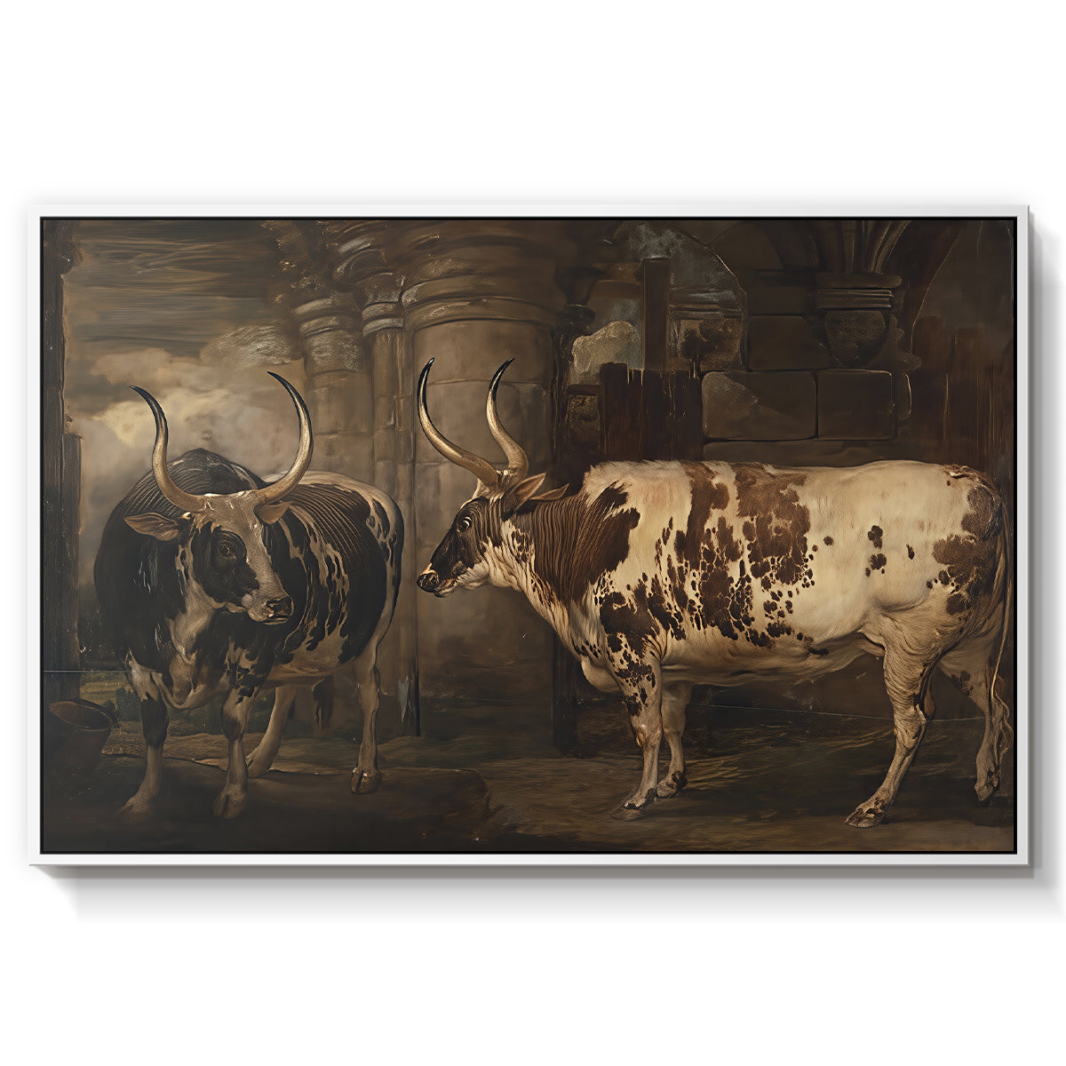Portraits of Two Extraordinary Oxen, Property of the Earl of Powis, 1814 - Floater Framed Canvas Print