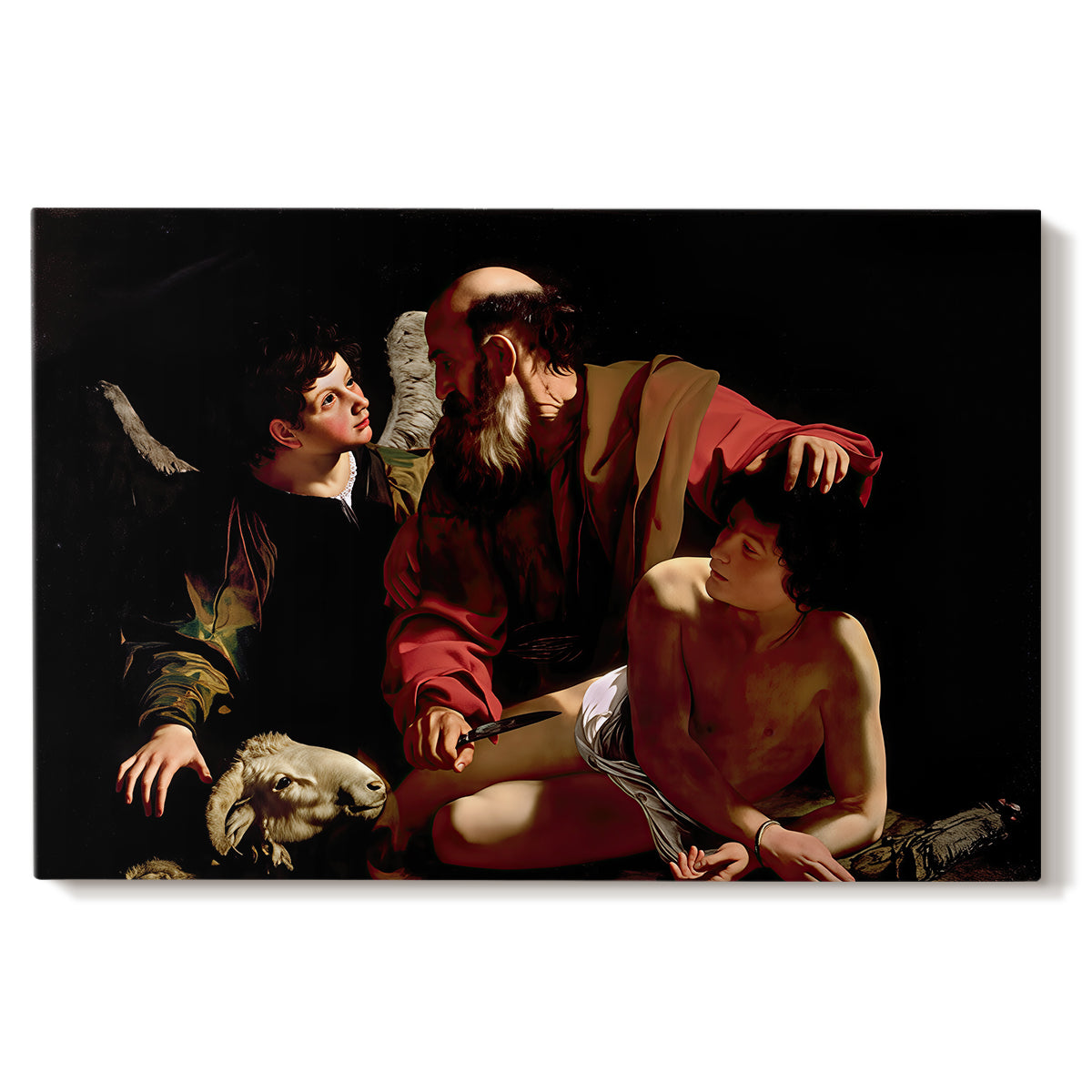 Canvas art print portraying Abraham holding Isaac while angel intervenes to stop the sacrifice, set against a white background