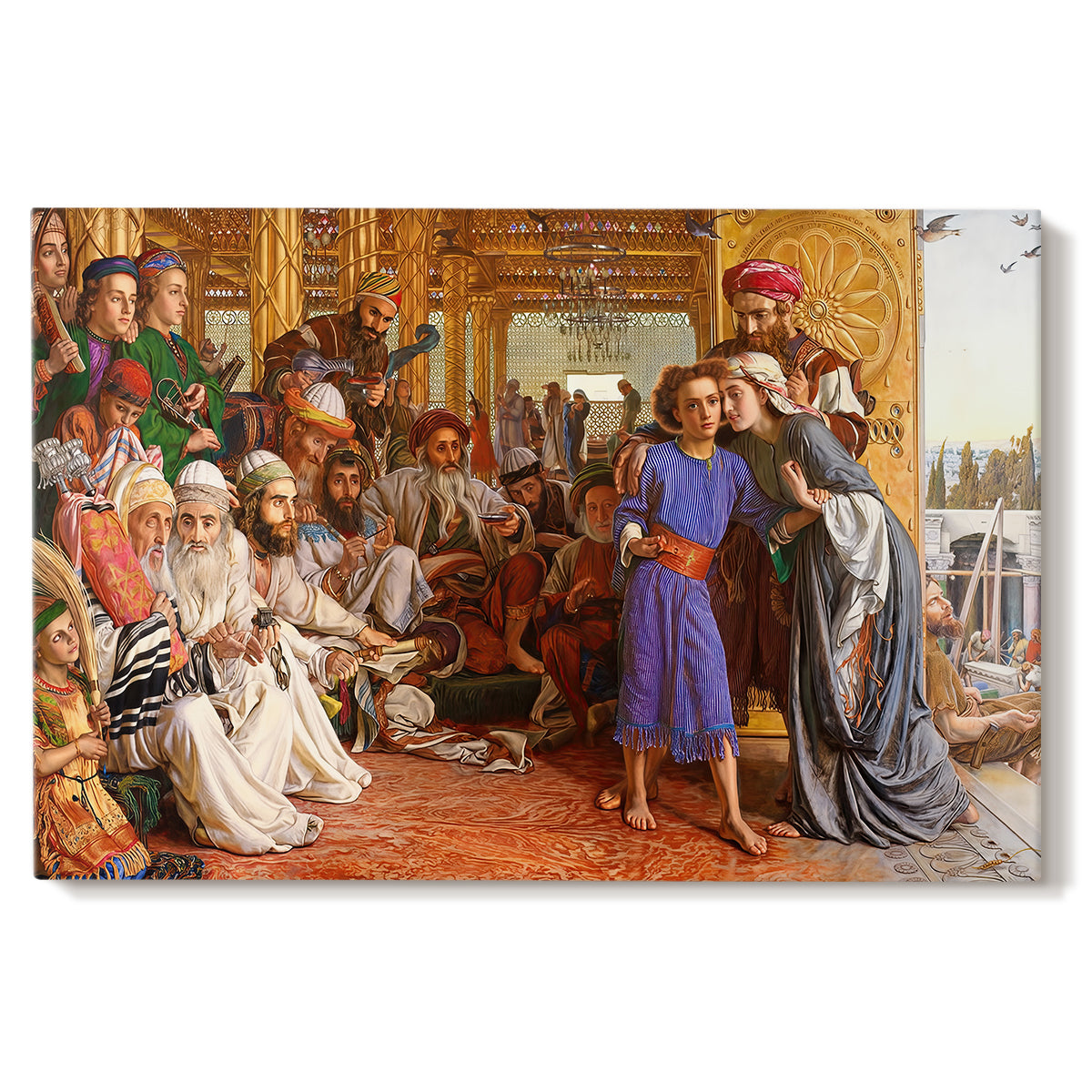 Canvas art print portraying a crowded temple scene with figures in robes surrounding central figure, set against a white background