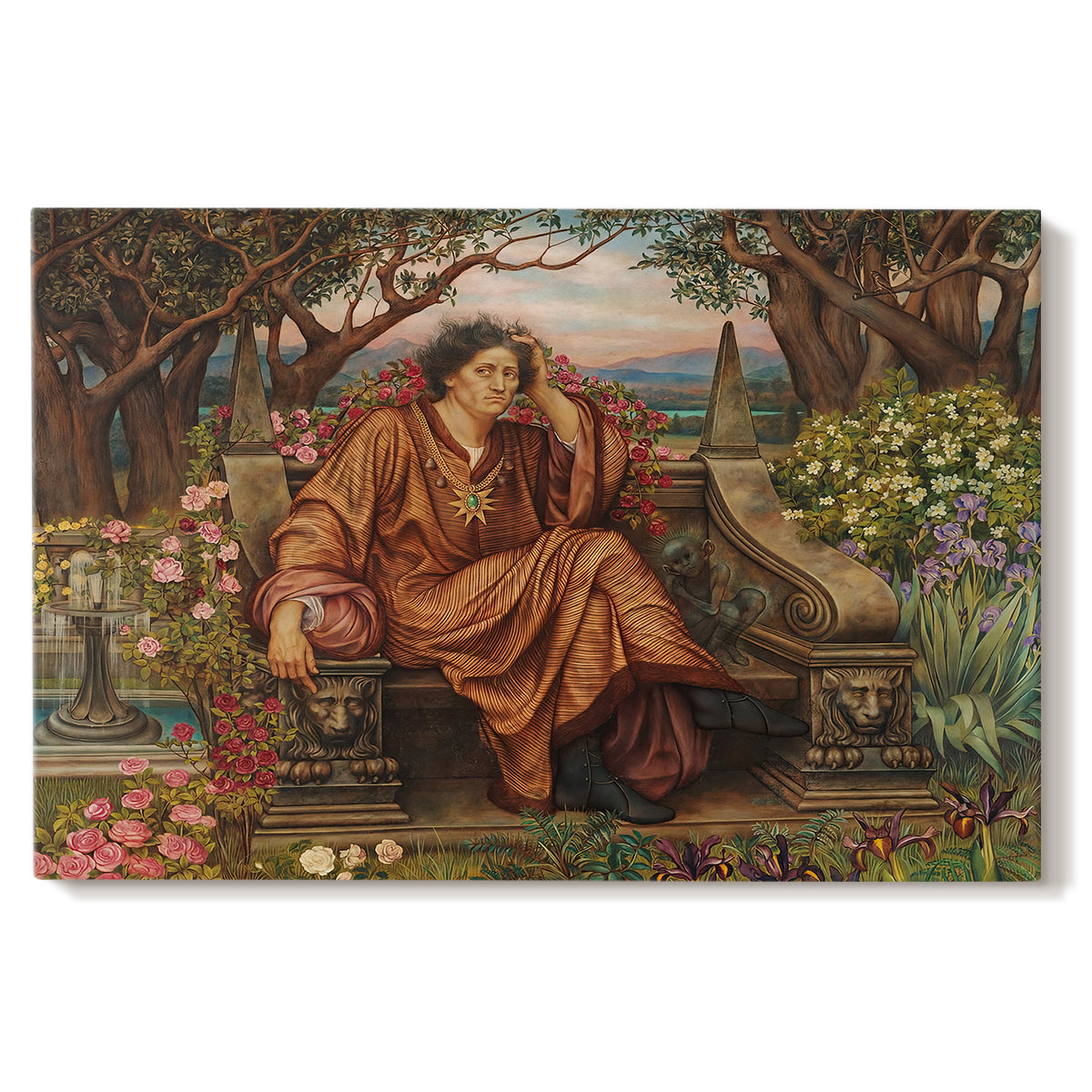 Canvas art print portraying a distressed figure surrounded by flames and torment in symbolic hell scene, set against a white background