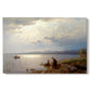 Canvas art print portraying figures gathered along shoreline with wide lake and distant horizon, set against a white background