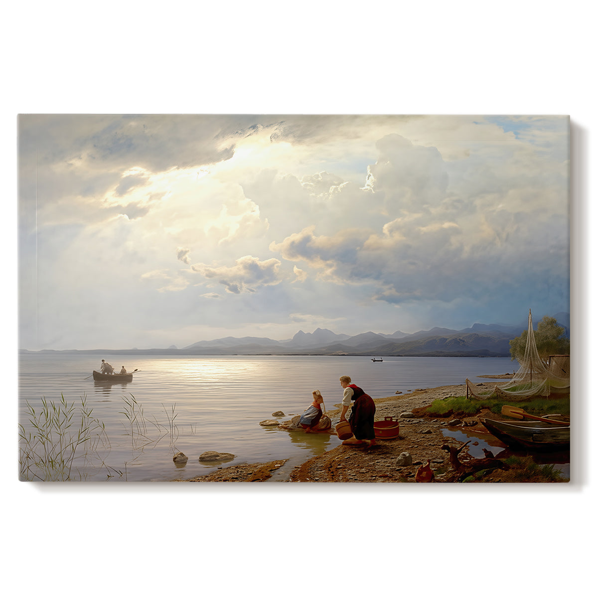 Canvas art print portraying figures gathered along shoreline with wide lake and distant horizon, set against a white background