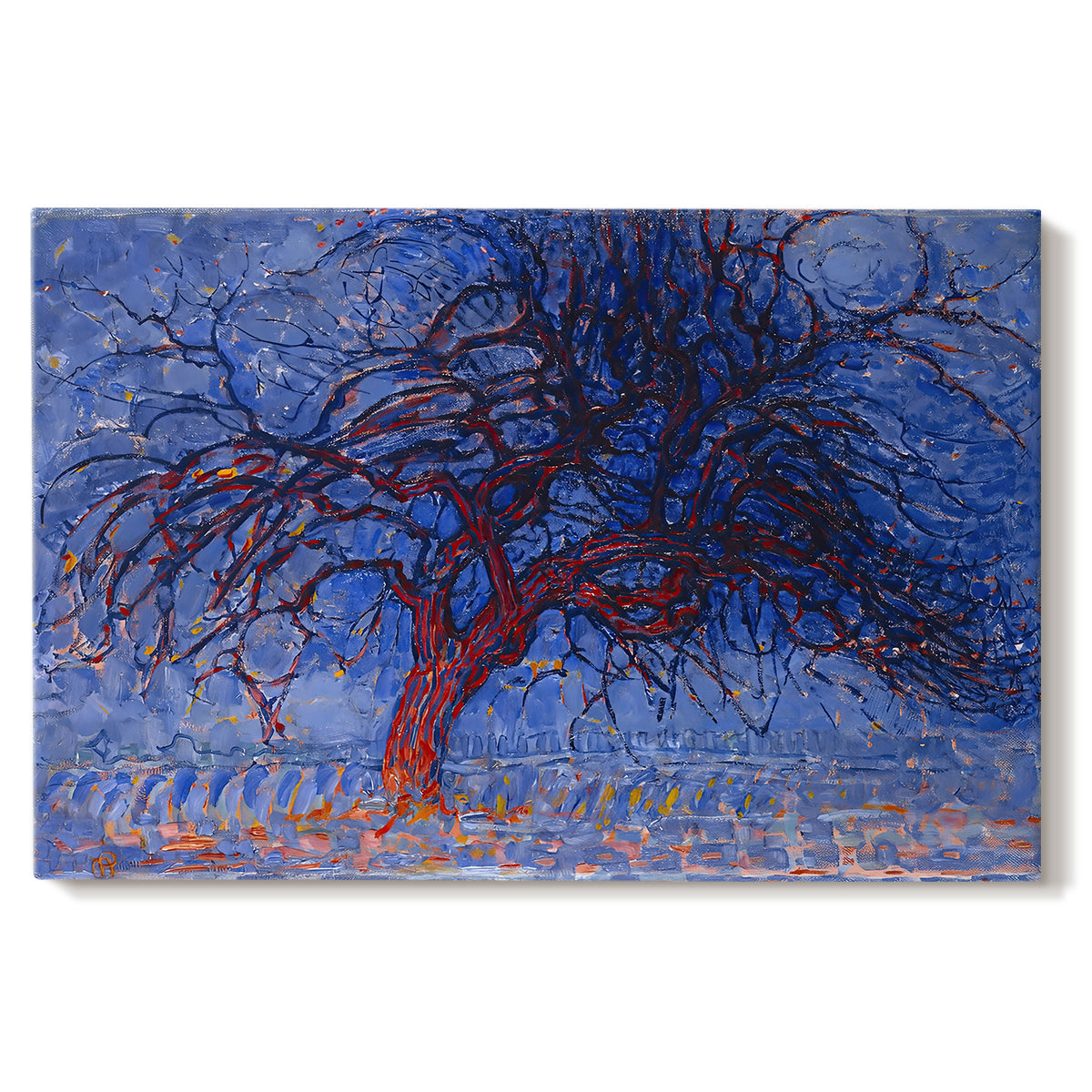 Canvas art print portraying a stylized red tree with branches against dark background, set against a white background