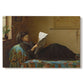 Canvas art print portraying a group of people gathered indoors reading newspaper together, set against a white background