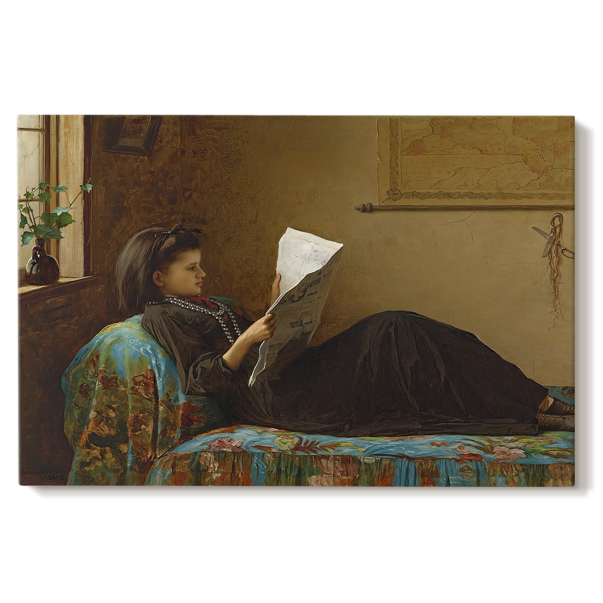 Canvas art print portraying a group of people gathered indoors reading newspaper together, set against a white background