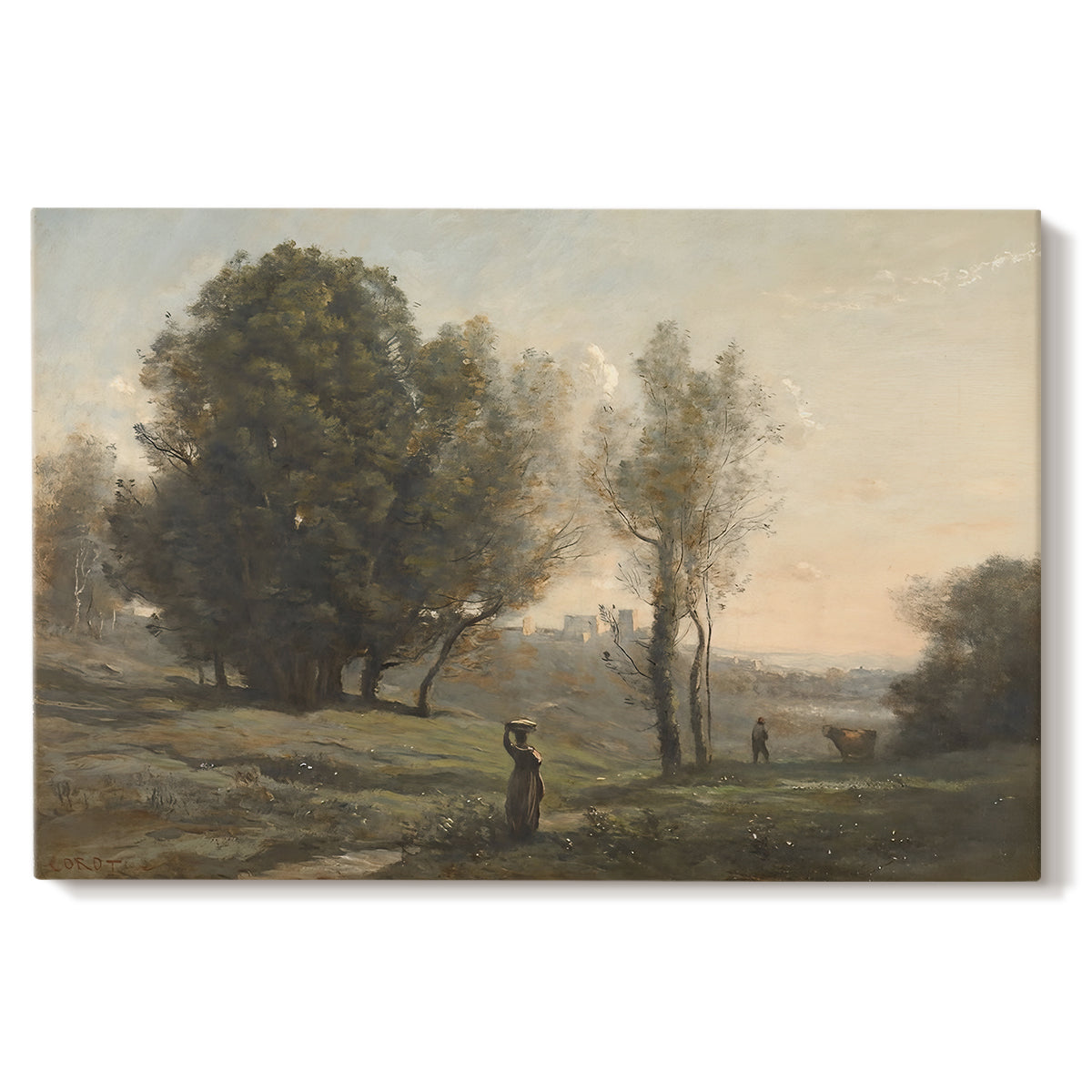 Canvas art print portraying an expansive landscape with sparse trees and open ground under soft light, set against a white background